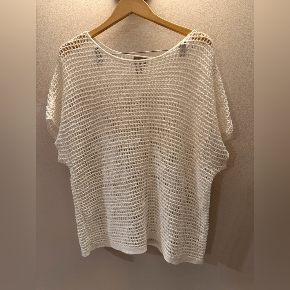Chicos Open Knit Mesh Sweater Top White Short Sleeve Size 2 Large
